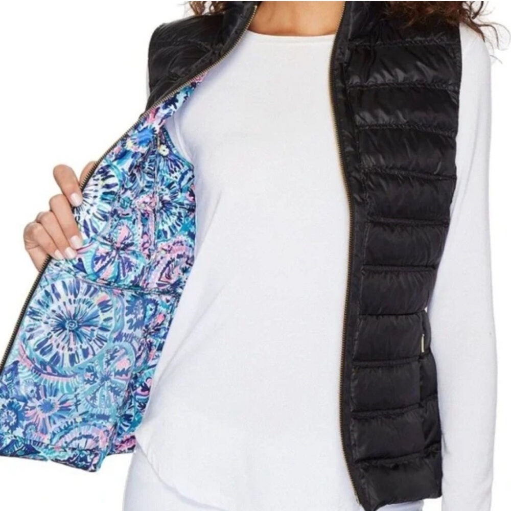 Lilly Pulitzer Elana Puffer Down Vest Black Medium Women's Quilted Zip Up‎ EUC